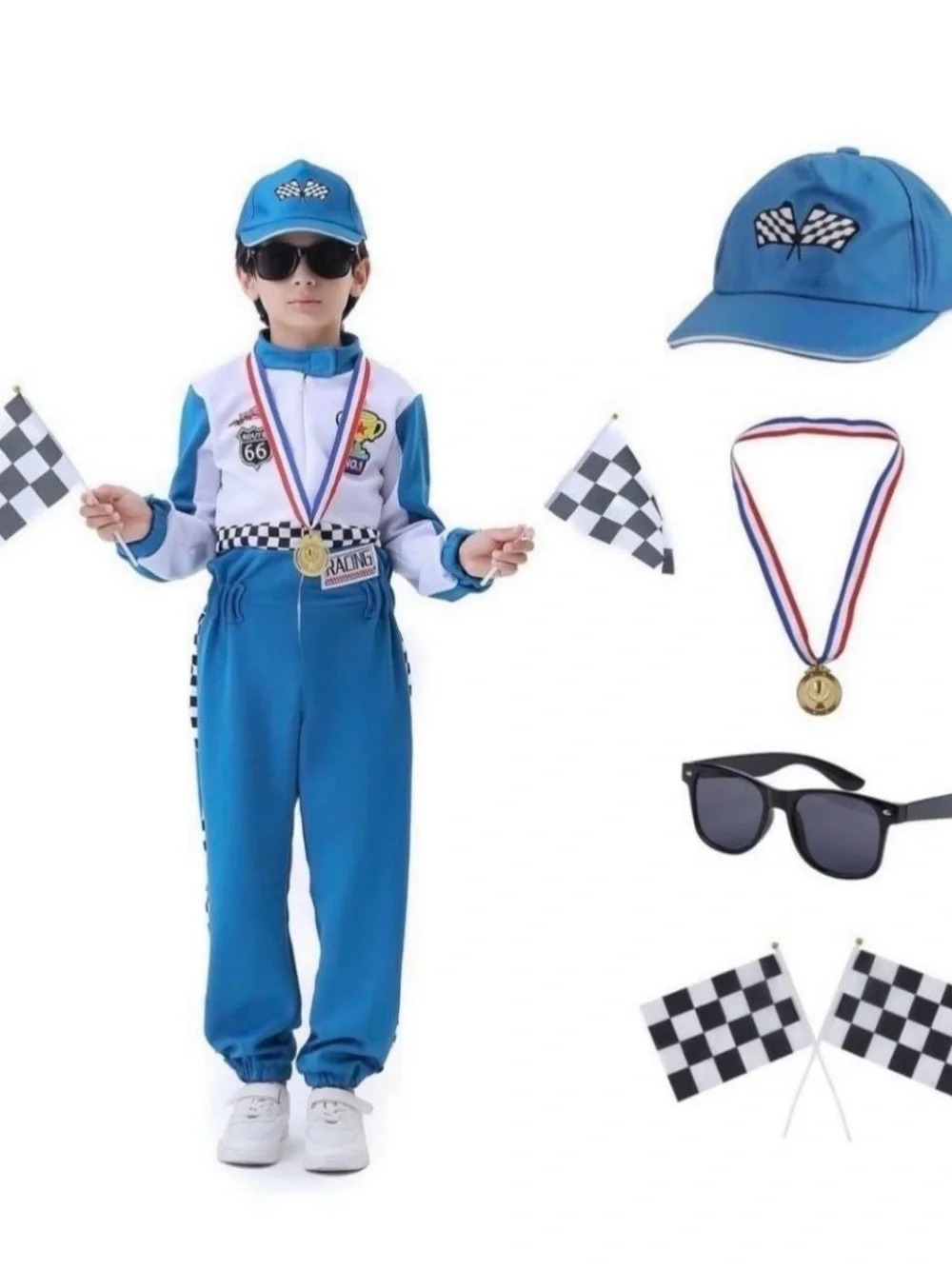 Kids Blue Race Car Driver Costume with Cap & Accessories NEW Halloween #Lux-T